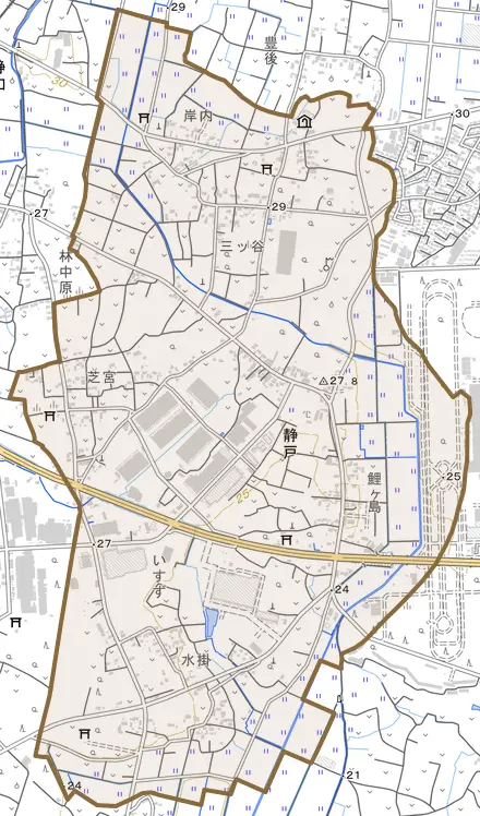 岩舟町静戸とその周辺の地図。町の範囲を重ねている