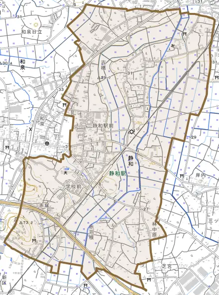 岩舟町静和とその周辺の地図。町の範囲を重ねている