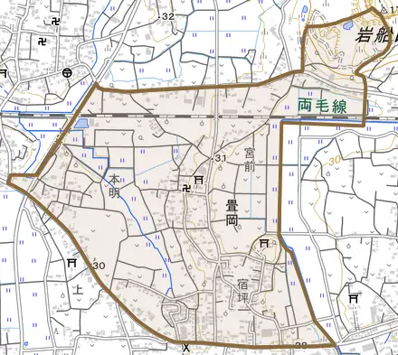 岩舟町畳岡とその周辺の地図。町の範囲を重ねている