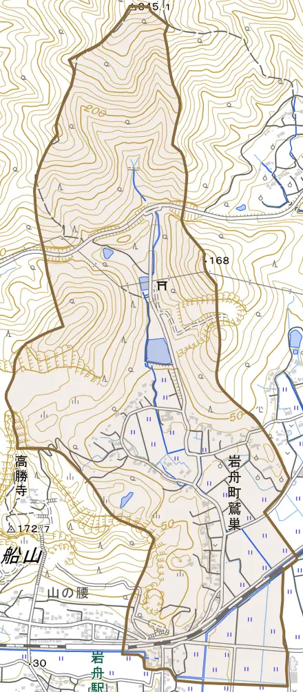 岩舟町鷲巣とその周辺の地図。町の範囲を重ねている