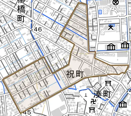 祝町とその周辺の地図。町の範囲を重ねている