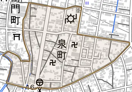 泉町とその周辺の地図。町の範囲を重ねている