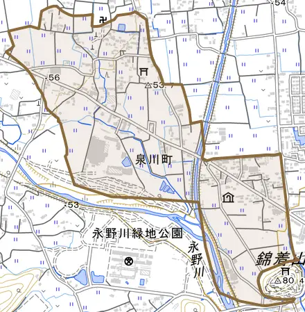泉川町とその周辺の地図。町の範囲を重ねている