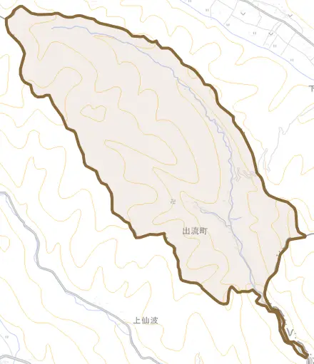 出流町とその周辺の地図。町の範囲を重ねている