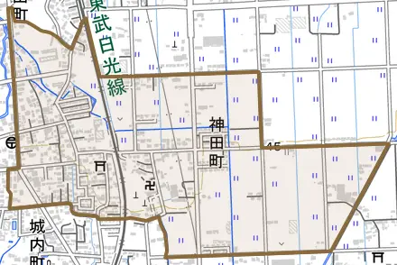 神田町とその周辺の地図。町の範囲を重ねている