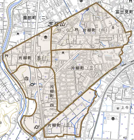 片柳町とその周辺の地図。町の範囲を重ねている