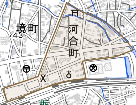 河合町とその周辺の地図。町の範囲を重ねている