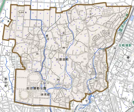 川原田町とその周辺の地図。町の範囲を重ねている