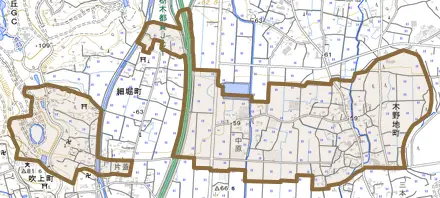 木野地町とその周辺の地図。町の範囲を重ねている