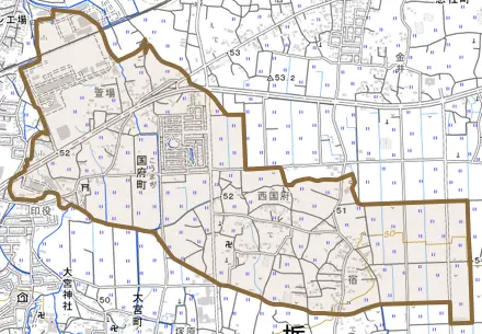 国府町とその周辺の地図。町の範囲を重ねている