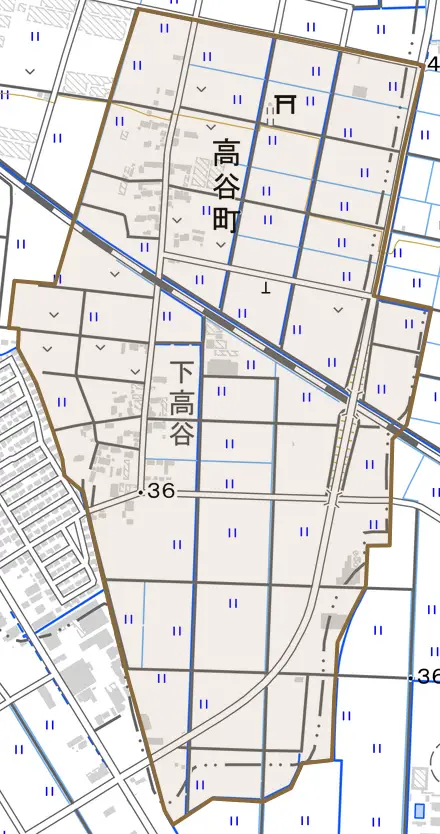 高谷町とその周辺の地図。町の範囲を重ねている