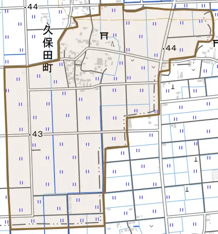 久保田町とその周辺の地図。町の範囲を重ねている