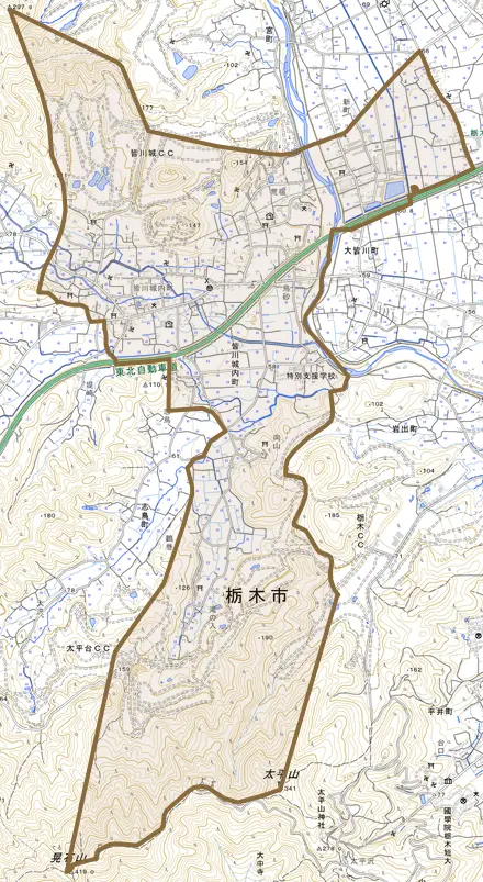皆川城内町とその周辺の地図。町の範囲を重ねている