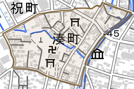 湊町とその周辺の地図。町の範囲を重ねている