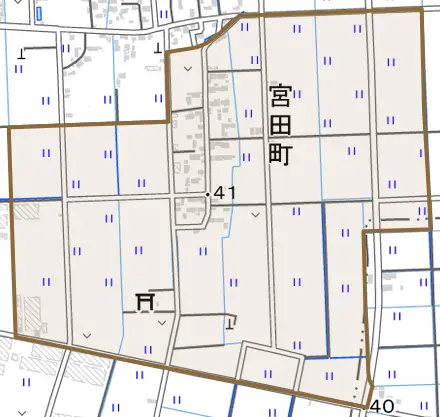 宮田町とその周辺の地図。町の範囲を重ねている