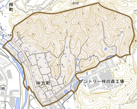 仲方町とその周辺の地図。町の範囲を重ねている