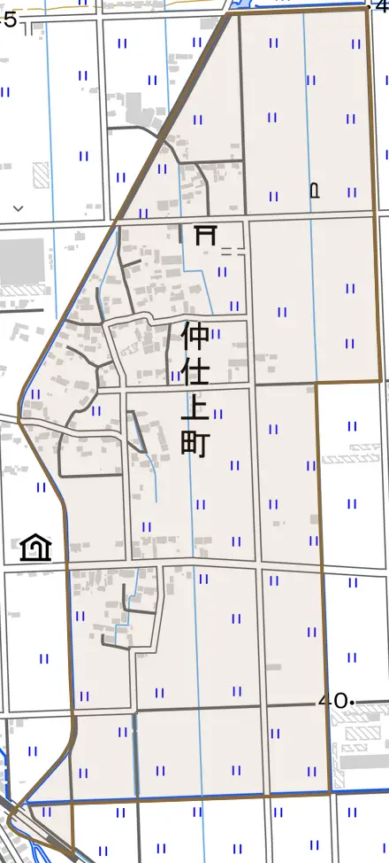 仲仕上町とその周辺の地図。町の範囲を重ねている