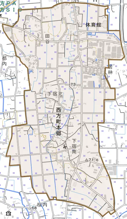 西方町本郷とその周辺の地図。町の範囲を重ねている