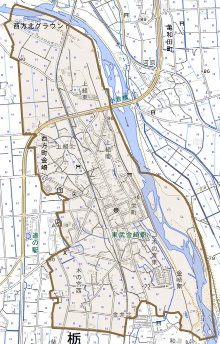 西方町金崎とその周辺の地図。町の範囲を重ねている