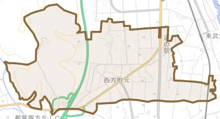 西方町元とその周辺の地図。町の範囲を重ねている