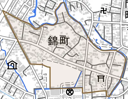 錦町とその周辺の地図。町の範囲を重ねている