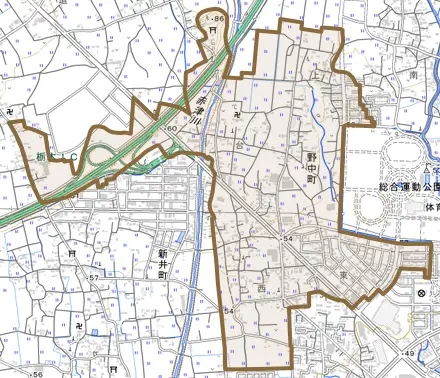 野中町とその周辺の地図。町の範囲を重ねている