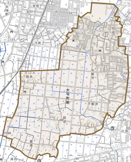 大平町新とその周辺の地図。町の範囲を重ねている