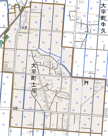 大平町土与とその周辺の地図。町の範囲を重ねている