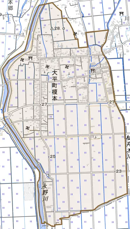 大平町榎本とその周辺の地図。町の範囲を重ねている