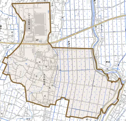 大平町伯仲とその周辺の地図。町の範囲を重ねている