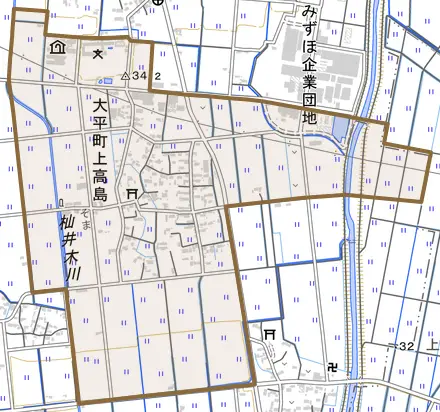 大平町上高島とその周辺の地図。町の範囲を重ねている