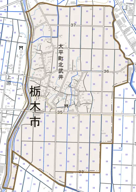 大平町北武井とその周辺の地図。町の範囲を重ねている