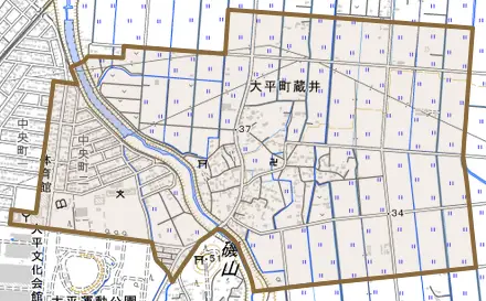 大平町蔵井とその周辺の地図。町の範囲を重ねている