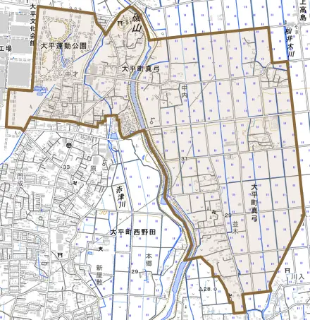 大平町真弓とその周辺の地図。町の範囲を重ねている