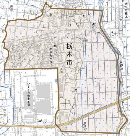 大平町西水代とその周辺の地図。町の範囲を重ねている