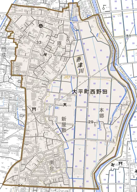 大平町西野田とその周辺の地図。町の範囲を重ねている
