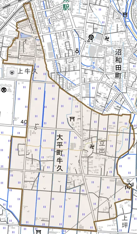 大平町牛久とその周辺の地図。町の範囲を重ねている