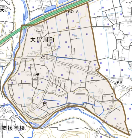 大皆川町とその周辺の地図。町の範囲を重ねている