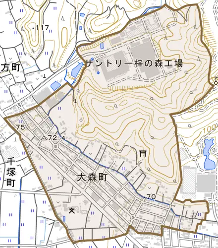大森町とその周辺の地図。町の範囲を重ねている