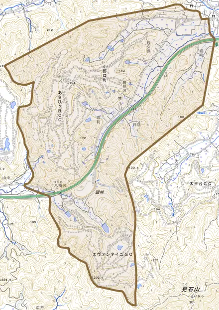 小野口町とその周辺の地図。町の範囲を重ねている