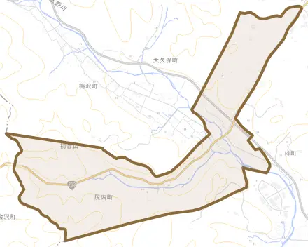 尻内町とその周辺の地図。町の範囲を重ねている