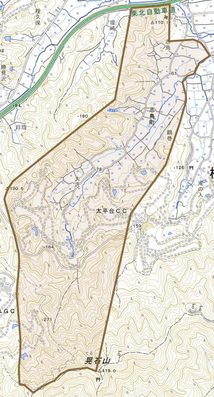 志鳥町とその周辺の地図。町の範囲を重ねている