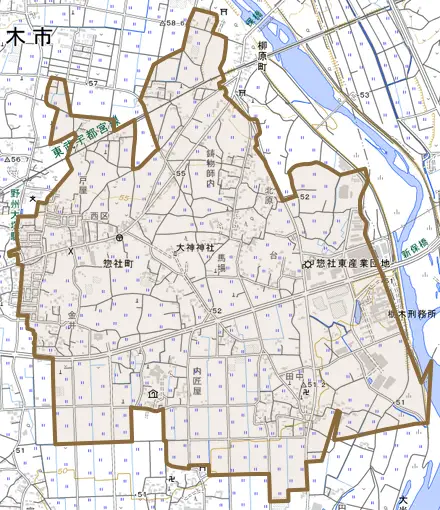 惣社町とその周辺の地図。町の範囲を重ねている