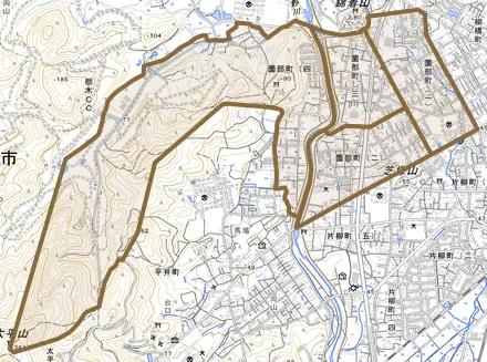薗部町とその周辺の地図。町の範囲を重ねている