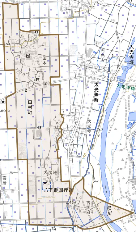 田村町とその周辺の地図。町の範囲を重ねている