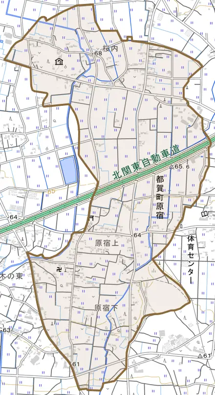 都賀町原宿とその周辺の地図。町の範囲を重ねている