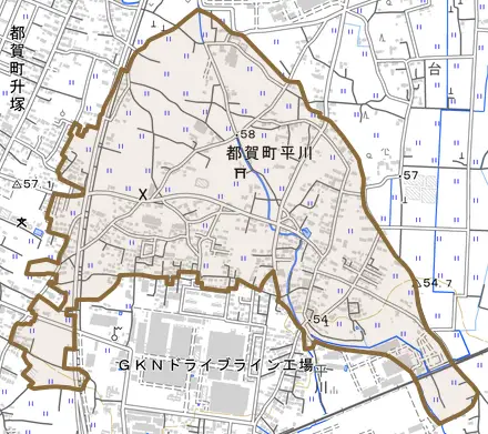 都賀町平川とその周辺の地図。町の範囲を重ねている