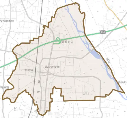 都賀町家中とその周辺の地図。町の範囲を重ねている