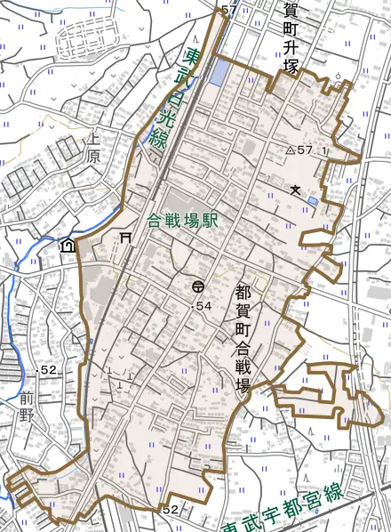都賀町合戦場とその周辺の地図。町の範囲を重ねている