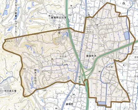 都賀町木とその周辺の地図。町の範囲を重ねている